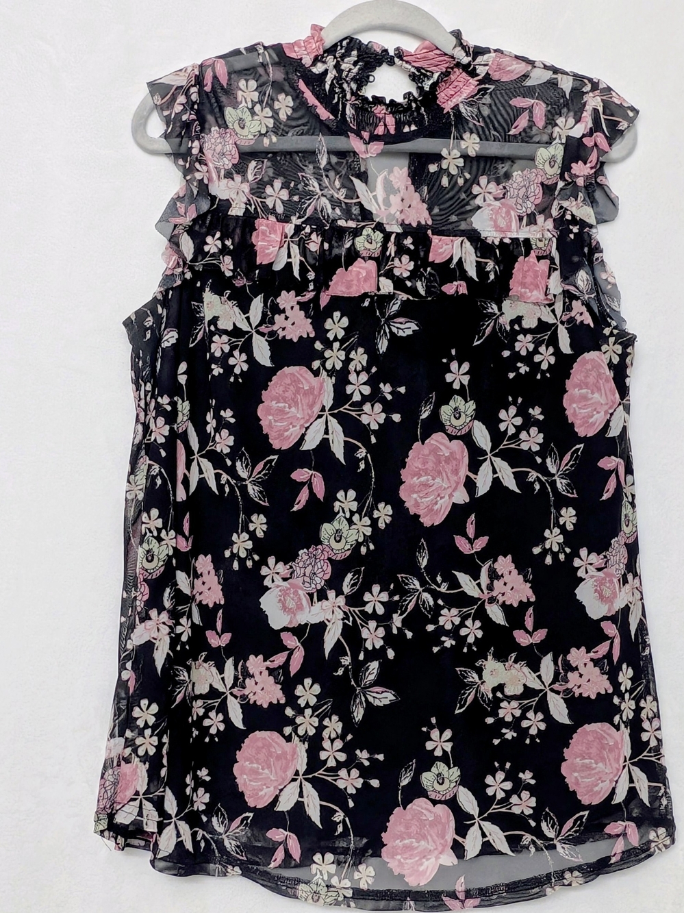 Express Black Floral Sheer Ruffle Neck Camisole - Pink Floral